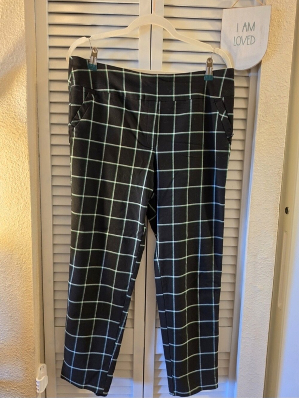 C'est 1946 NWT Black Green White Windowpane Plaid Pull On Dress Pants Sz 16